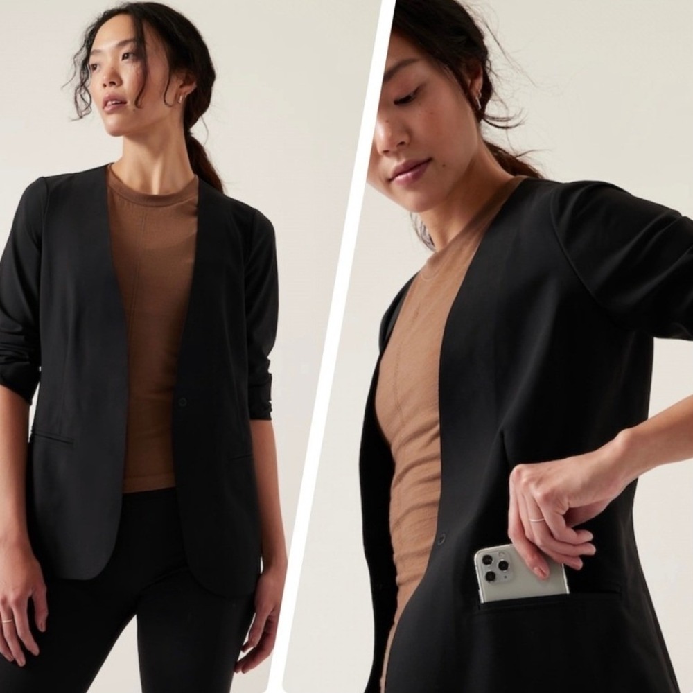 Athleta Avenue Blazer 14 Black Open Front Collarless Travel Workwear Stretch